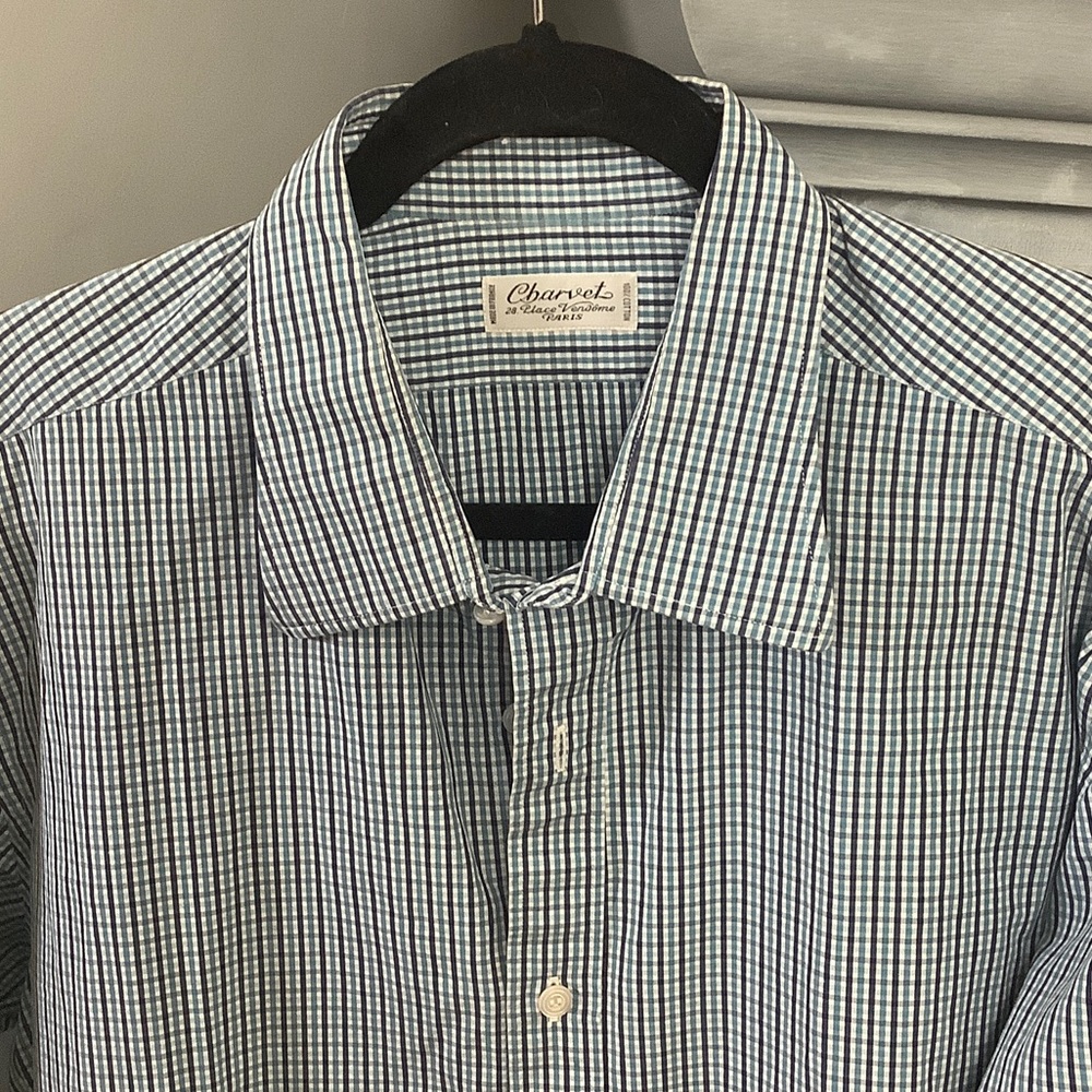 Charvet Men's Blue and White Micro-Check Dress Shirt. Size Large
